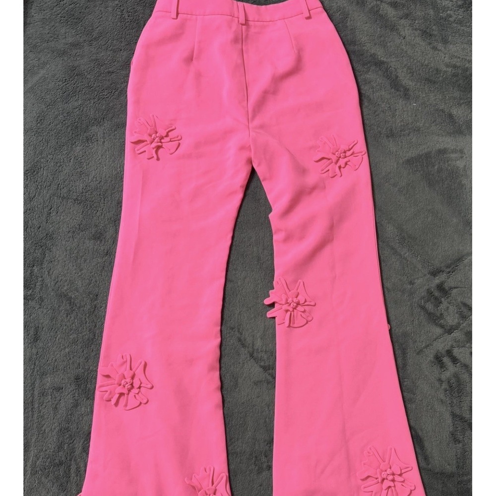 Twotwinstyle Pink 3D Floral Applique Flare Pants High Waist Trousers NWT Size L